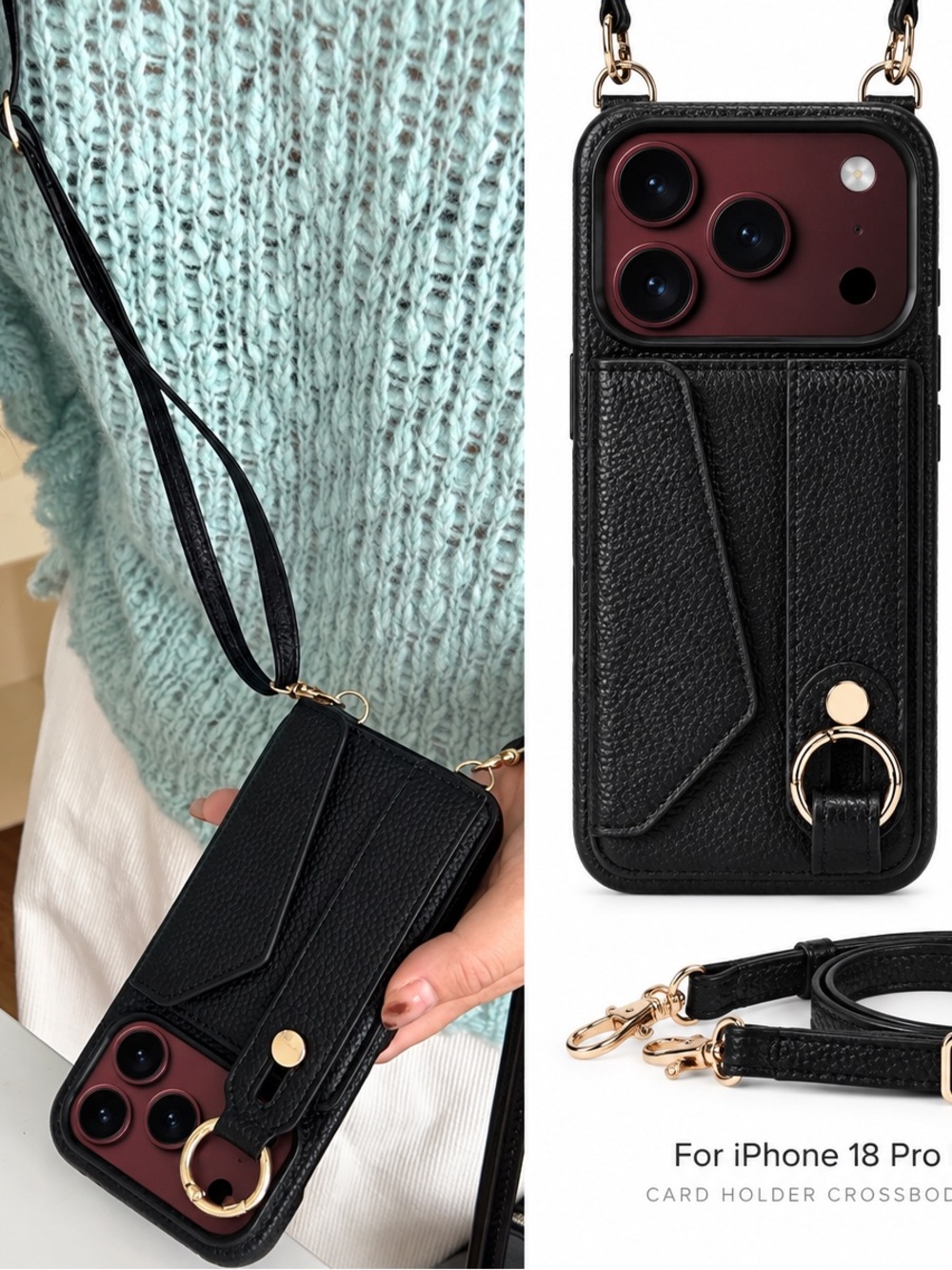 Black Leather Card Holder Crossbody Phone Case for iPhone 18 pro max